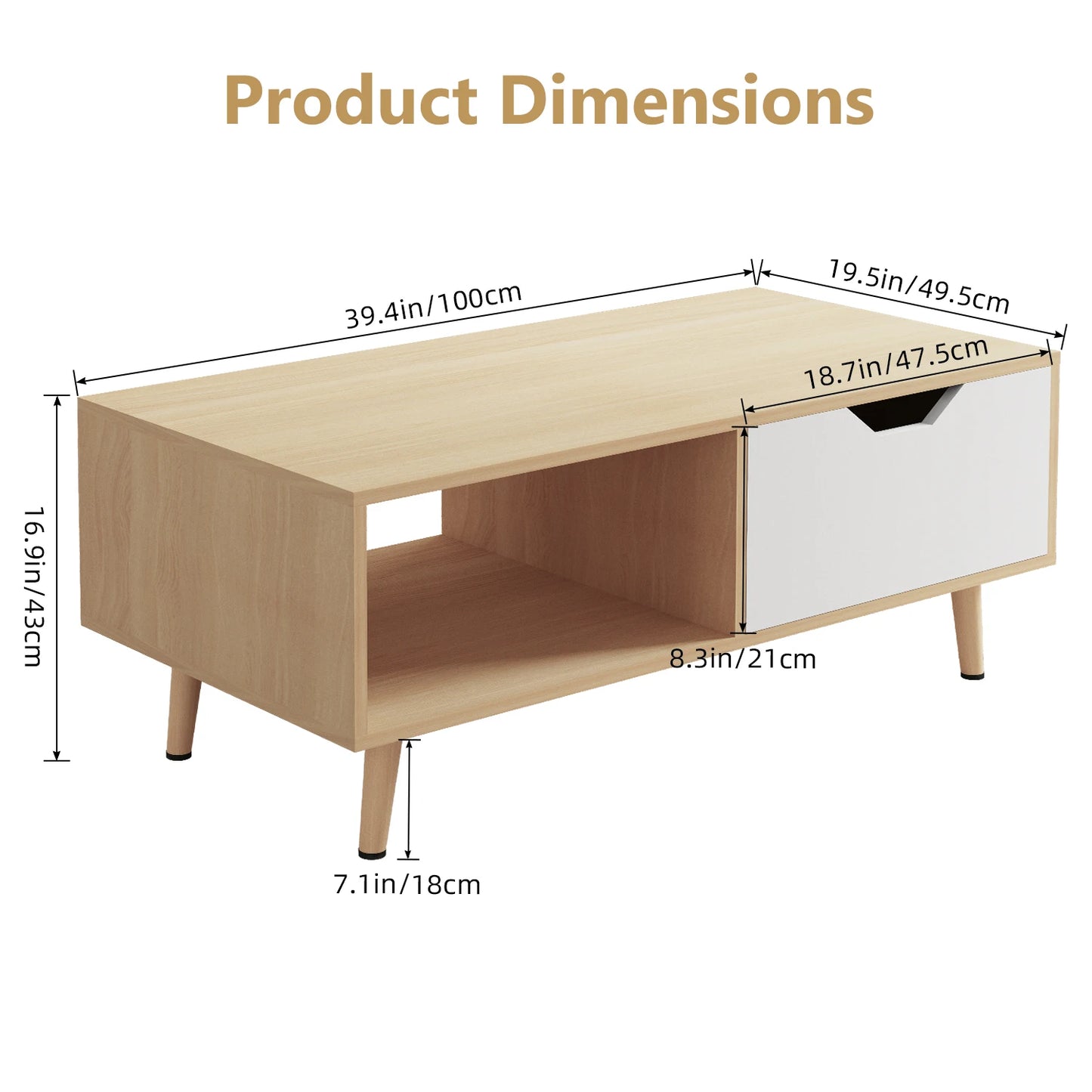 Daccormax Modern Coffee Table with Drawer and Open Shelf, White & Oak Finish, Living Room Storage Table with Wooden Legs