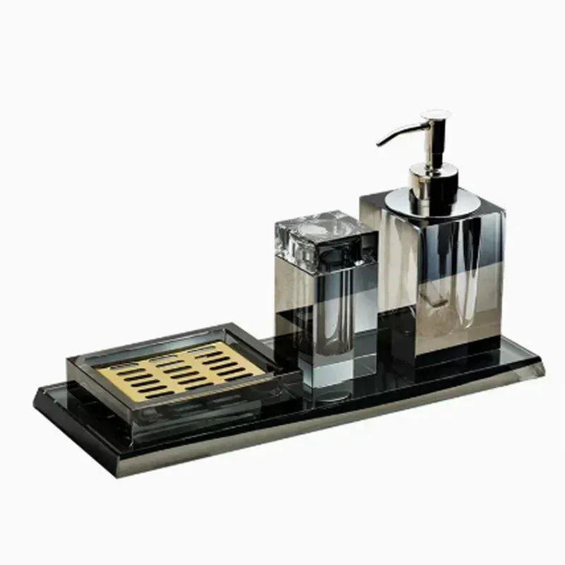 Light Luxury Crystal Glass Bathroom Accessories Set High End Shampoo Bottle Cotton Swab Jar Storage Tray Hotels Bathroom Decor