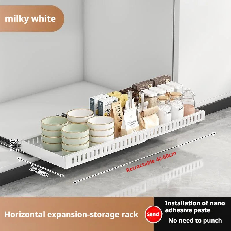 Pots and Pans Organizer Under Cabinet Sliding Pot Lid Storage Holder Kitchen Adjustable Slide Out Dish Pan Storage Rack Shelf