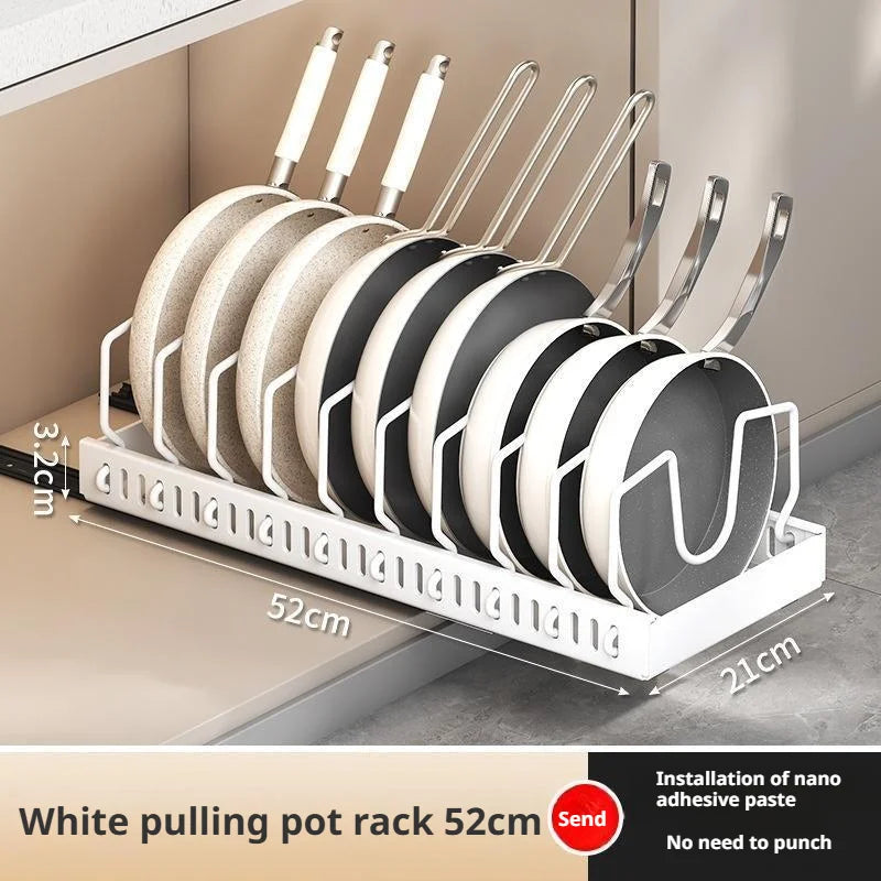 Pots and Pans Organizer Under Cabinet Sliding Pot Lid Storage Holder Kitchen Adjustable Slide Out Dish Pan Storage Rack Shelf