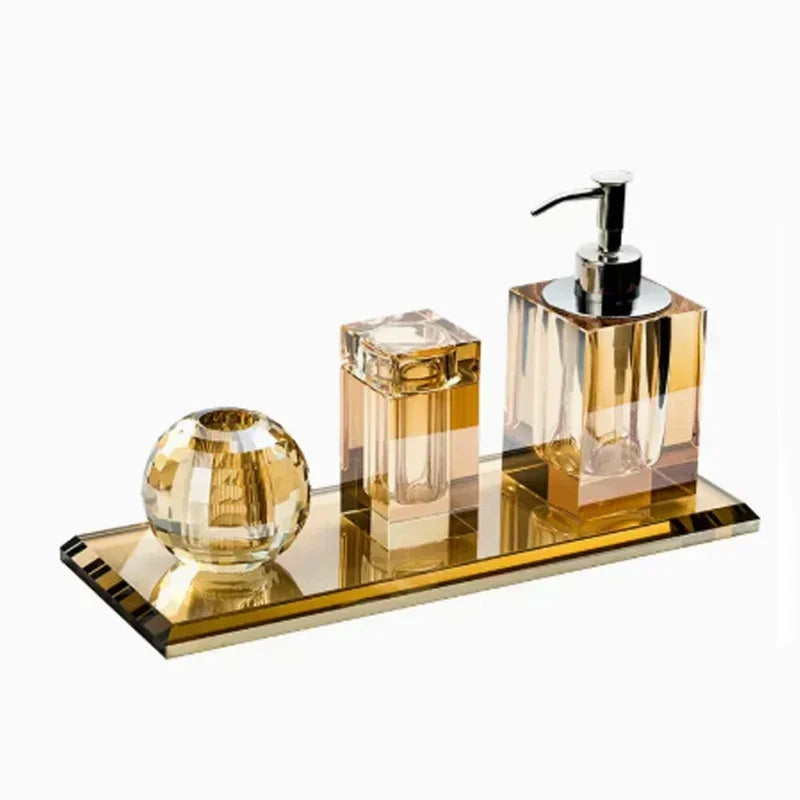 Light Luxury Crystal Glass Bathroom Accessories Set High End Shampoo Bottle Cotton Swab Jar Storage Tray Hotels Bathroom Decor