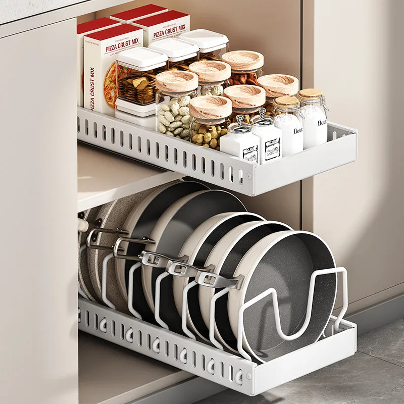 Pots and Pans Organizer Under Cabinet Sliding Pot Lid Storage Holder Kitchen Adjustable Slide Out Dish Pan Storage Rack Shelf