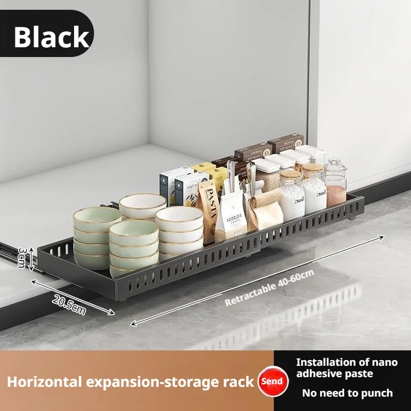 Pots and Pans Organizer Under Cabinet Sliding Pot Lid Storage Holder Kitchen Adjustable Slide Out Dish Pan Storage Rack Shelf