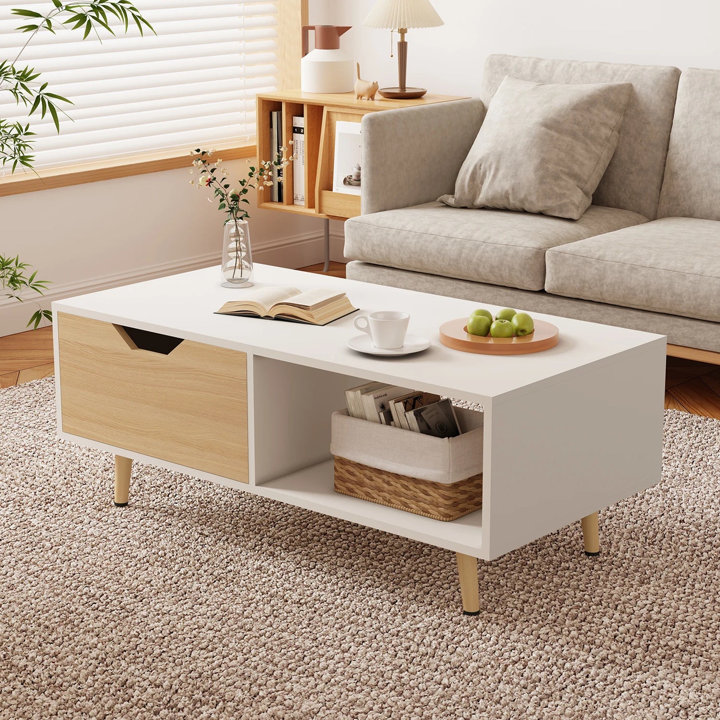 Daccormax Modern Coffee Table with Drawer and Open Shelf, White & Oak Finish, Living Room Storage Table with Wooden Legs