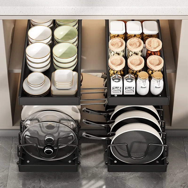 Pots and Pans Organizer Under Cabinet Sliding Pot Lid Storage Holder Kitchen Adjustable Slide Out Dish Pan Storage Rack Shelf