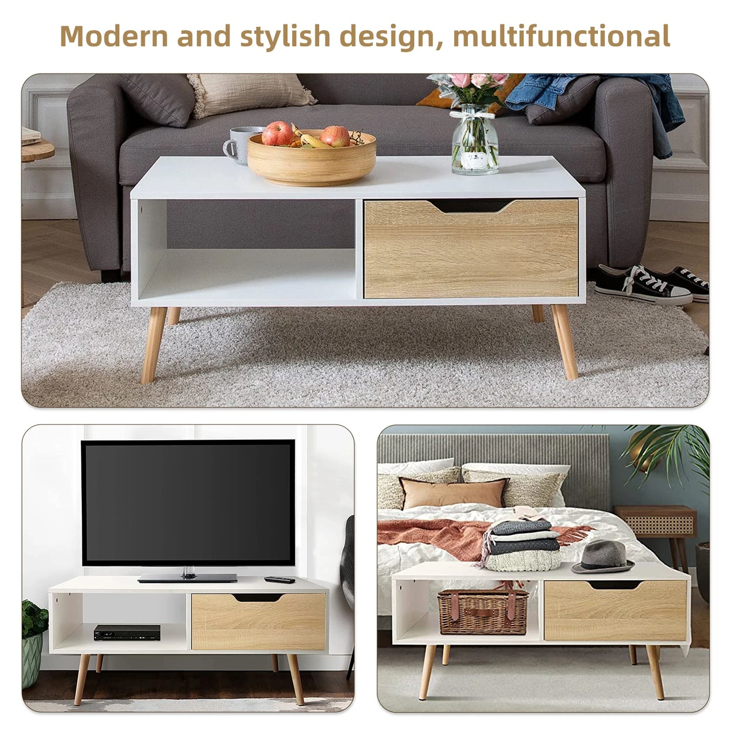 Daccormax Modern Coffee Table with Drawer and Open Shelf, White & Oak Finish, Living Room Storage Table with Wooden Legs