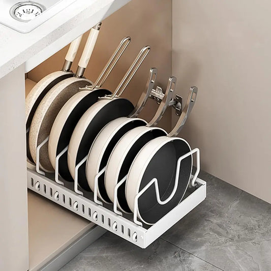 Pots and Pans Organizer Under Cabinet Sliding Pot Lid Storage Holder Kitchen Adjustable Slide Out Dish Pan Storage Rack Shelf