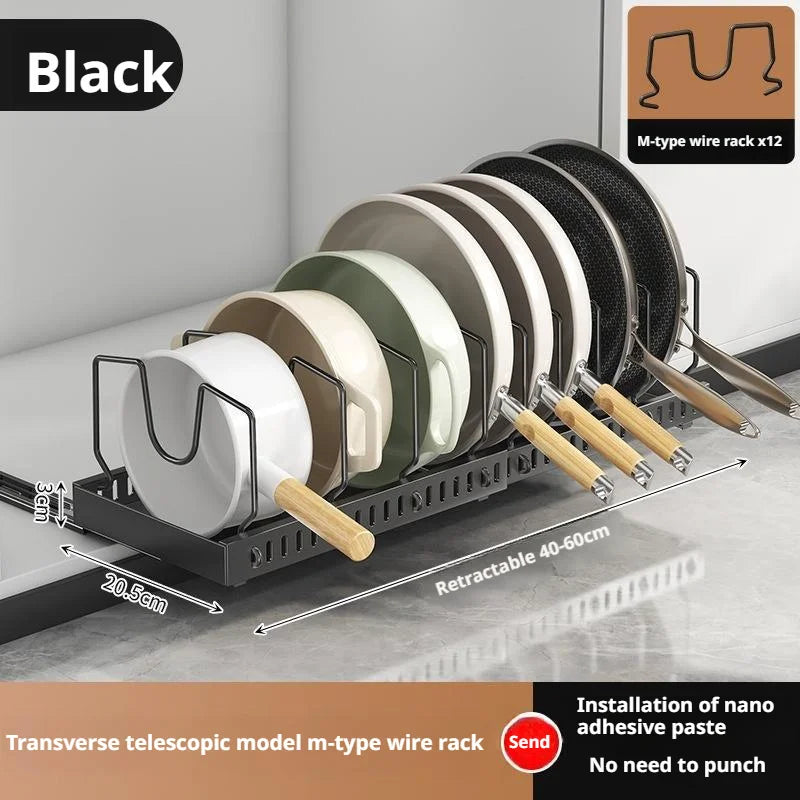 Pots and Pans Organizer Under Cabinet Sliding Pot Lid Storage Holder Kitchen Adjustable Slide Out Dish Pan Storage Rack Shelf