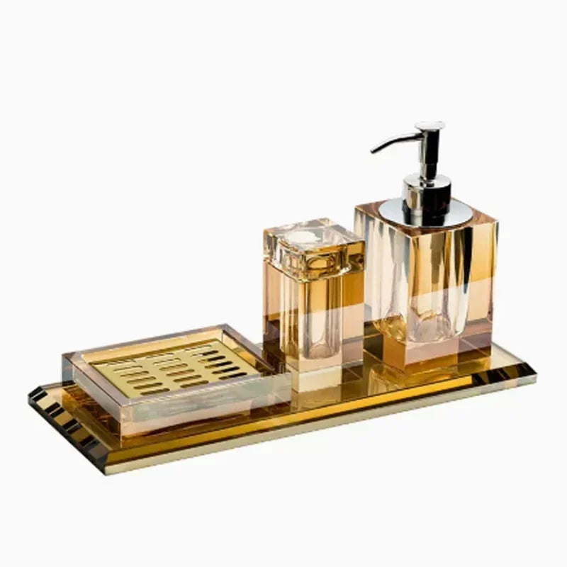 Light Luxury Crystal Glass Bathroom Accessories Set High End Shampoo Bottle Cotton Swab Jar Storage Tray Hotels Bathroom Decor