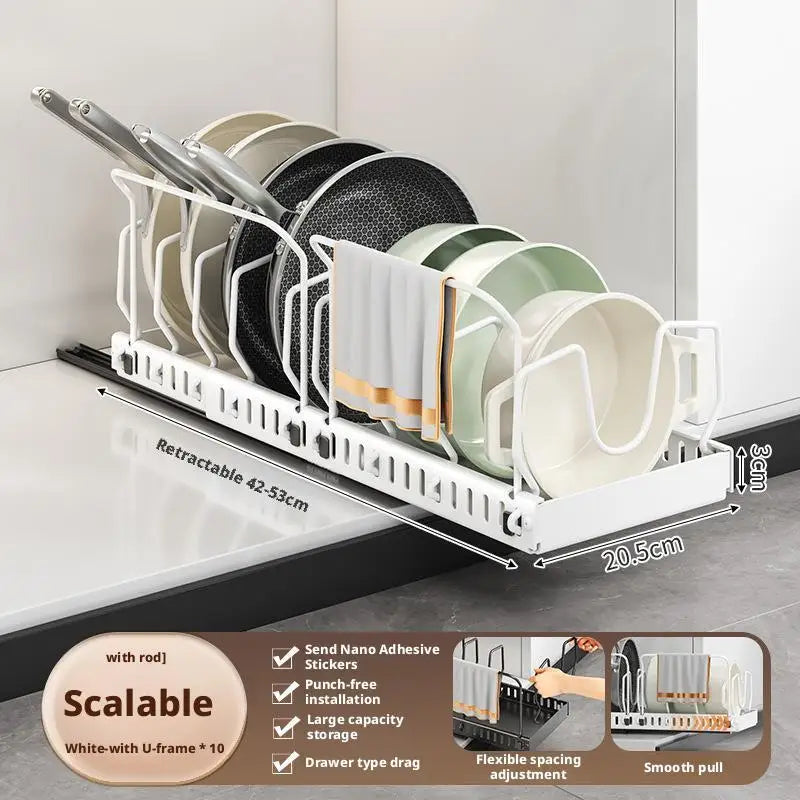 Pots and Pans Organizer Under Cabinet Sliding Pot Lid Storage Holder Kitchen Adjustable Slide Out Dish Pan Storage Rack Shelf