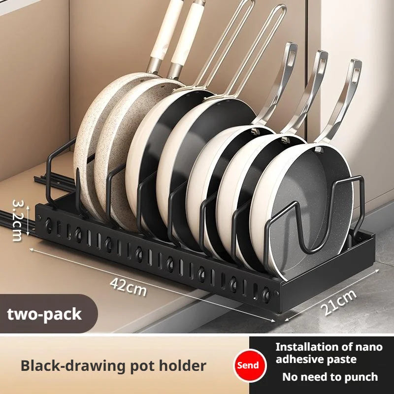 Pots and Pans Organizer Under Cabinet Sliding Pot Lid Storage Holder Kitchen Adjustable Slide Out Dish Pan Storage Rack Shelf
