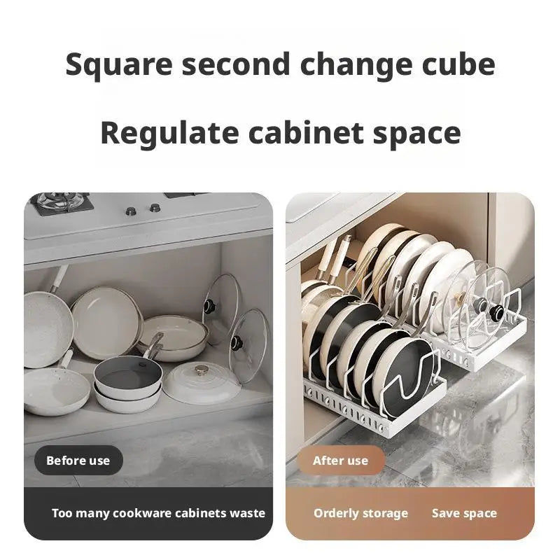 Pots and Pans Organizer Under Cabinet Sliding Pot Lid Storage Holder Kitchen Adjustable Slide Out Dish Pan Storage Rack Shelf