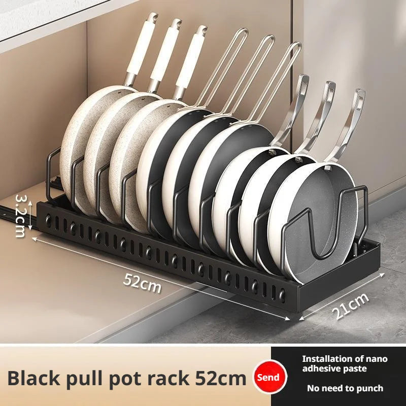 Pots and Pans Organizer Under Cabinet Sliding Pot Lid Storage Holder Kitchen Adjustable Slide Out Dish Pan Storage Rack Shelf