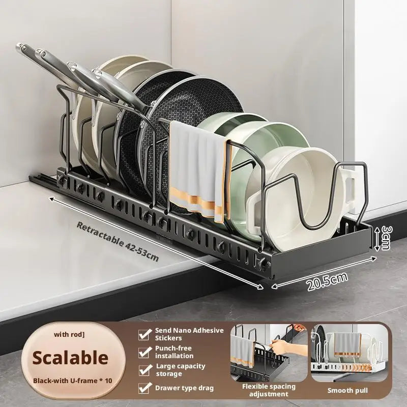 Pots and Pans Organizer Under Cabinet Sliding Pot Lid Storage Holder Kitchen Adjustable Slide Out Dish Pan Storage Rack Shelf