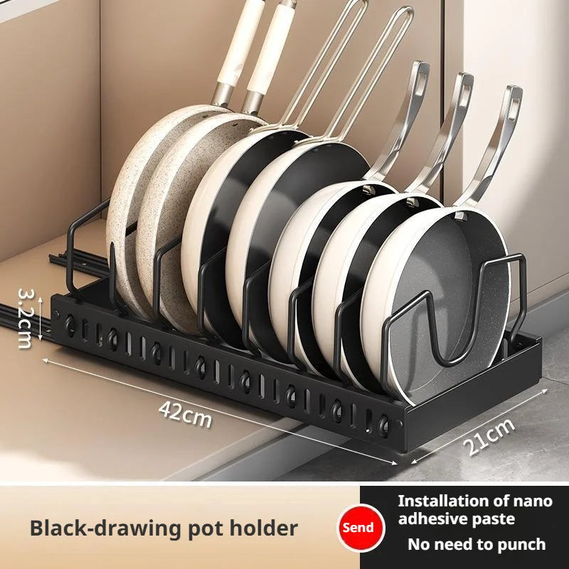 Pots and Pans Organizer Under Cabinet Sliding Pot Lid Storage Holder Kitchen Adjustable Slide Out Dish Pan Storage Rack Shelf