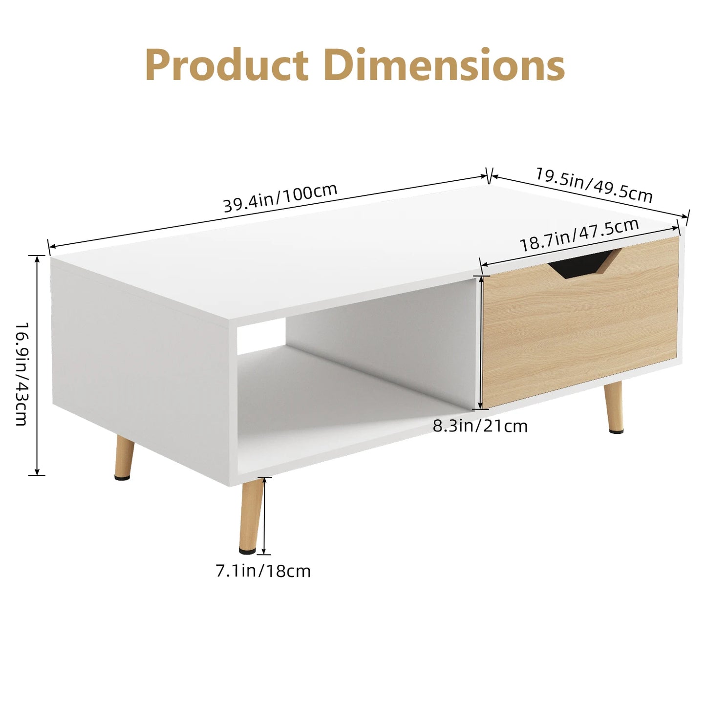 Daccormax Modern Coffee Table with Drawer and Open Shelf, White & Oak Finish, Living Room Storage Table with Wooden Legs