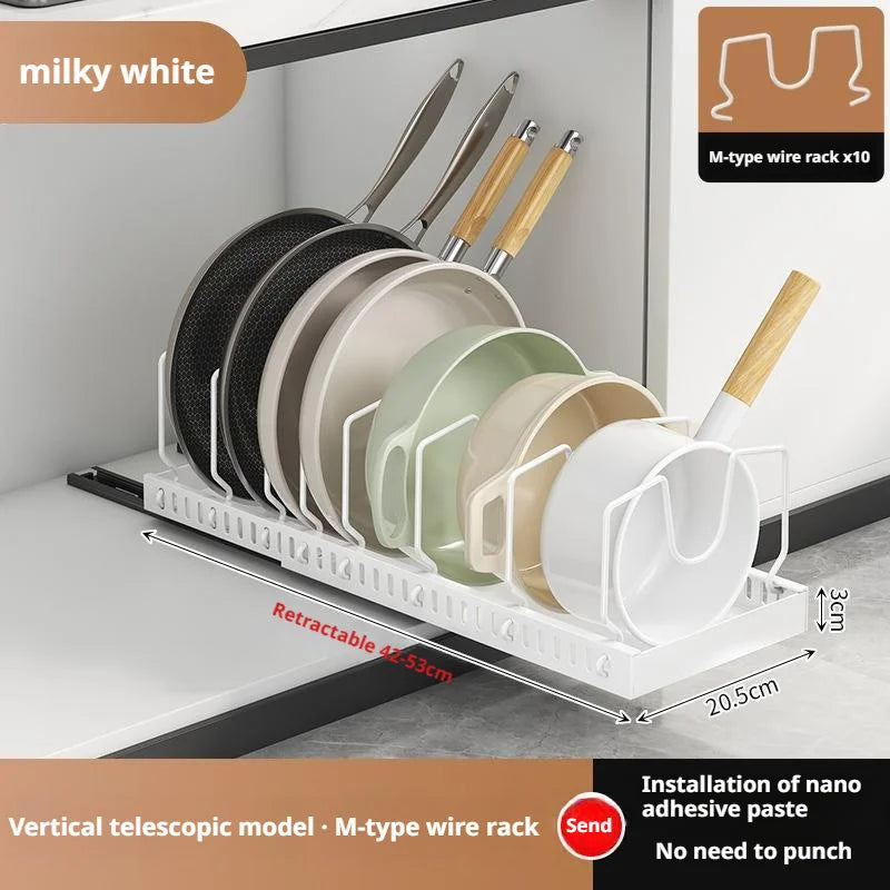 Pots and Pans Organizer Under Cabinet Sliding Pot Lid Storage Holder Kitchen Adjustable Slide Out Dish Pan Storage Rack Shelf