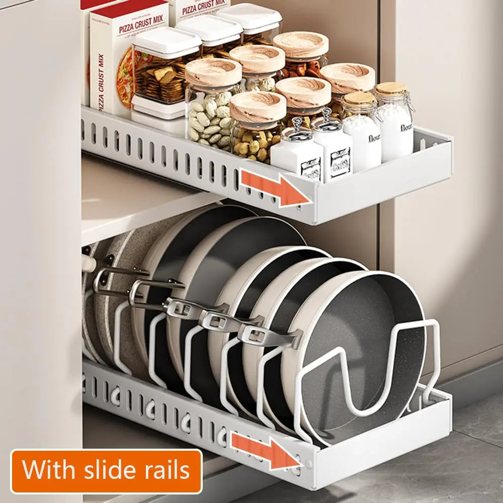 Pots and Pans Organizer Under Cabinet Sliding Pot Lid Storage Holder Kitchen Adjustable Slide Out Dish Pan Storage Rack Shelf