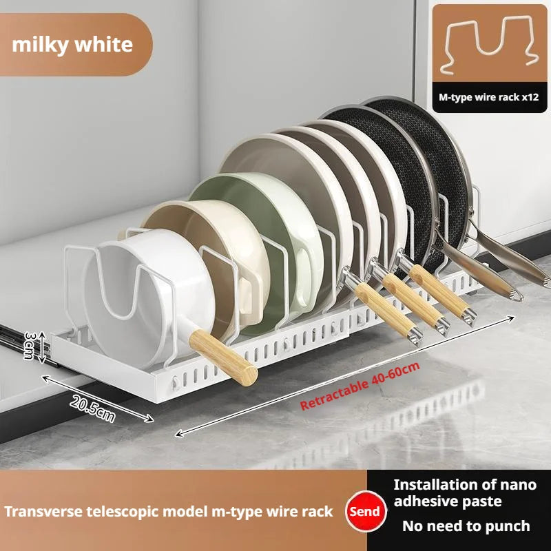 Pots and Pans Organizer Under Cabinet Sliding Pot Lid Storage Holder Kitchen Adjustable Slide Out Dish Pan Storage Rack Shelf