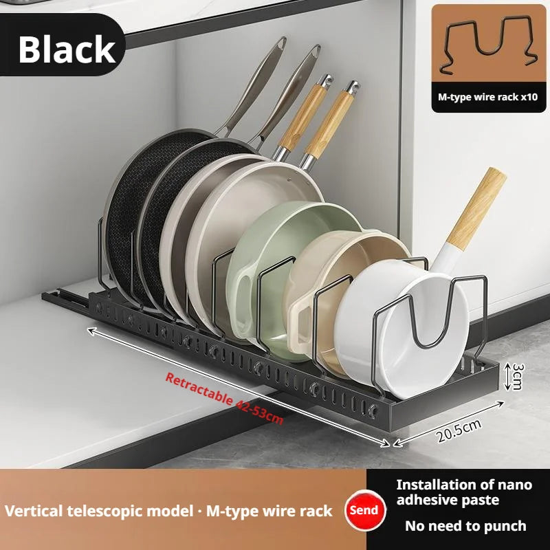 Pots and Pans Organizer Under Cabinet Sliding Pot Lid Storage Holder Kitchen Adjustable Slide Out Dish Pan Storage Rack Shelf