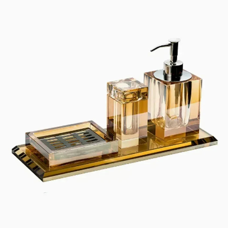 Light Luxury Crystal Glass Bathroom Accessories Set High End Shampoo Bottle Cotton Swab Jar Storage Tray Hotels Bathroom Decor