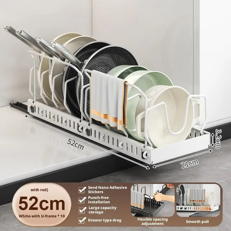 Pots and Pans Organizer Under Cabinet Sliding Pot Lid Storage Holder Kitchen Adjustable Slide Out Dish Pan Storage Rack Shelf