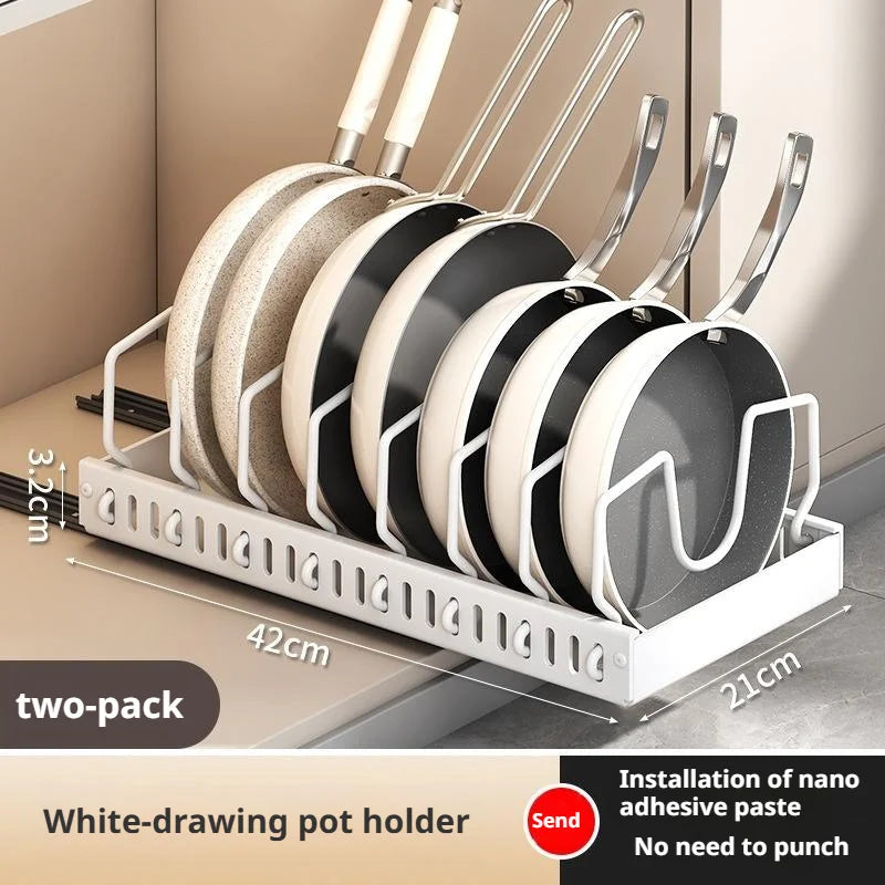 Pots and Pans Organizer Under Cabinet Sliding Pot Lid Storage Holder Kitchen Adjustable Slide Out Dish Pan Storage Rack Shelf