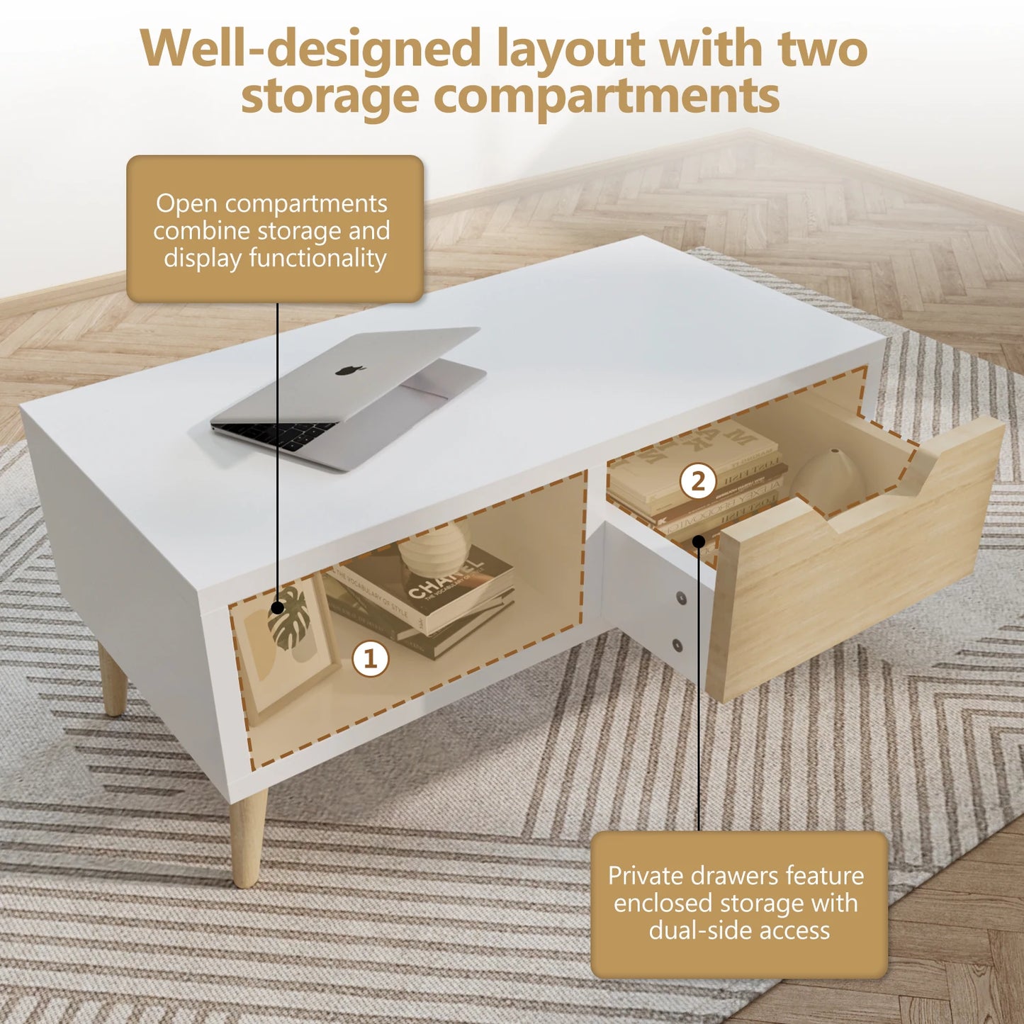Daccormax Modern Coffee Table with Drawer and Open Shelf, White & Oak Finish, Living Room Storage Table with Wooden Legs