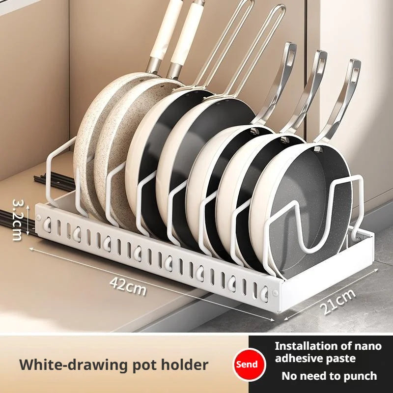 Pots and Pans Organizer Under Cabinet Sliding Pot Lid Storage Holder Kitchen Adjustable Slide Out Dish Pan Storage Rack Shelf